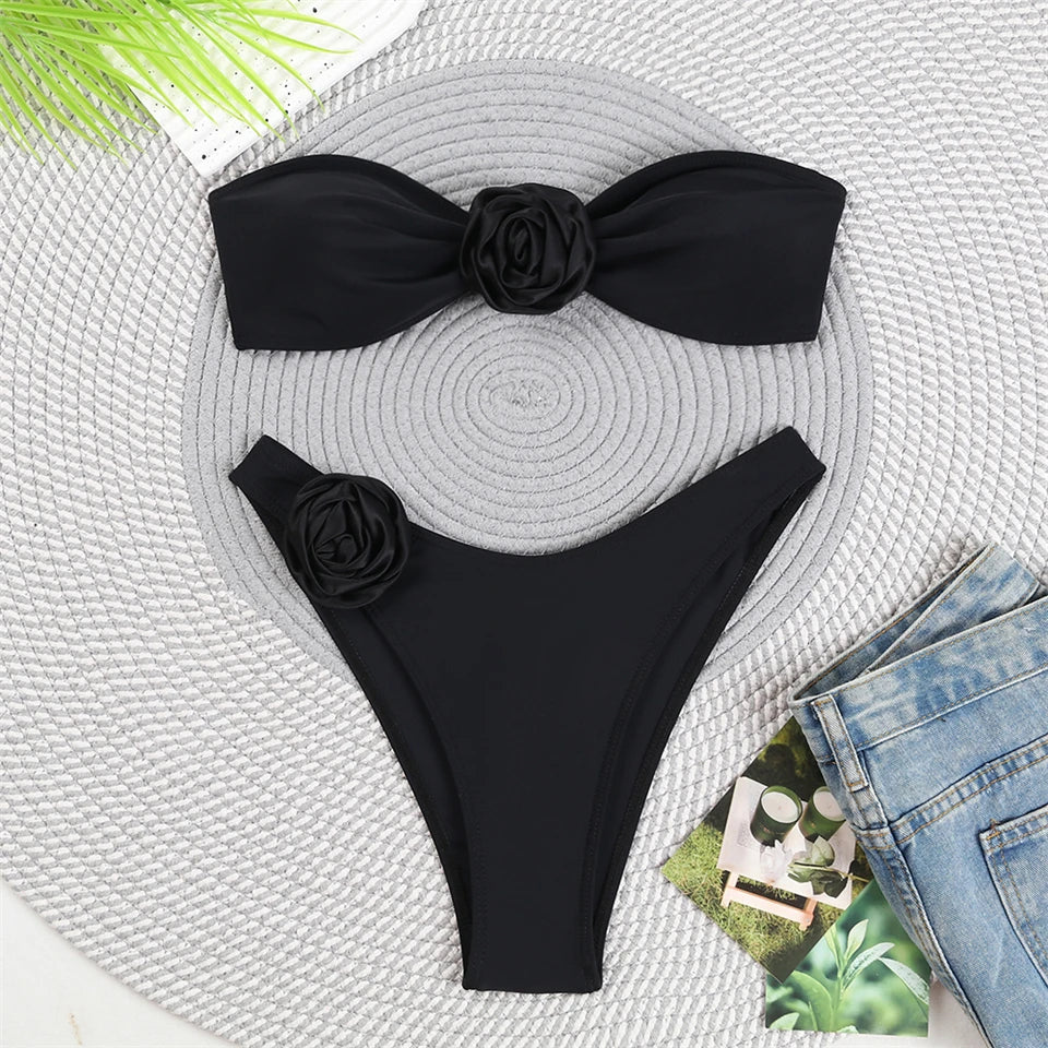 Bandeau Bikini Front 3D Flower Flower Decoration Swimwear Women High Waist Solid Swimsuit Elegant Beachwear Bathing Suit Summer