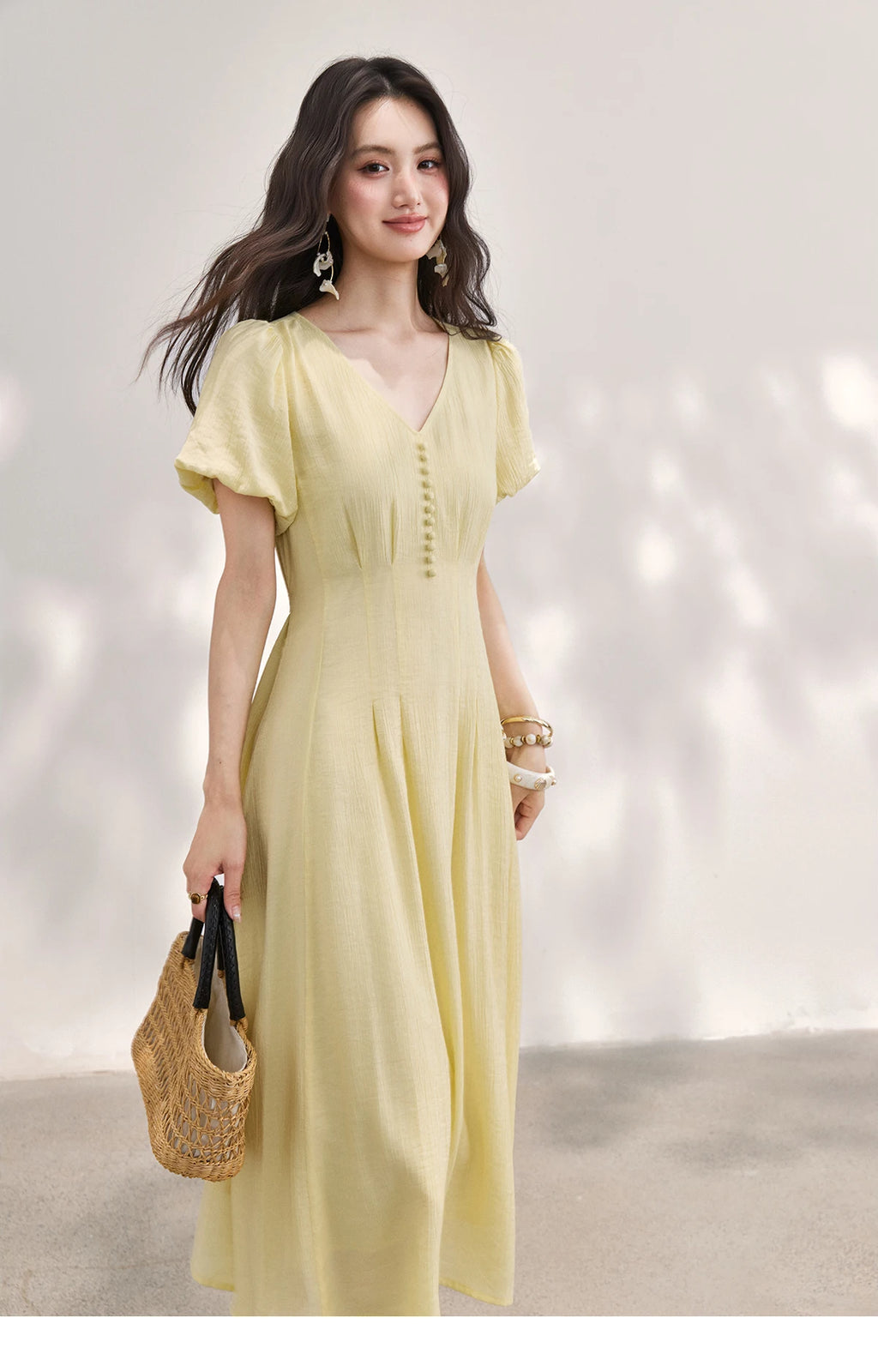 MISHOW Women's French V Neck Puff Sleeve Midi Dress 2026 Summer Button Detail Waist Slim Yellow Elegant Long Dress MXF29L2782