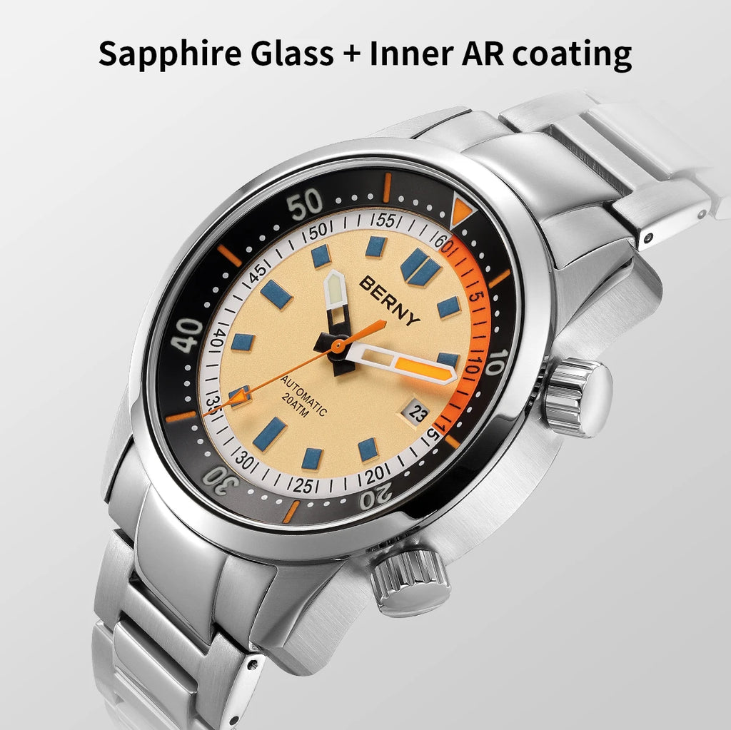 BERNY Automatic Diving Watches for Men 20ATM Super Luminous Mechanical Men's Diver Watch Sapphire Full Stainless Steel Dive