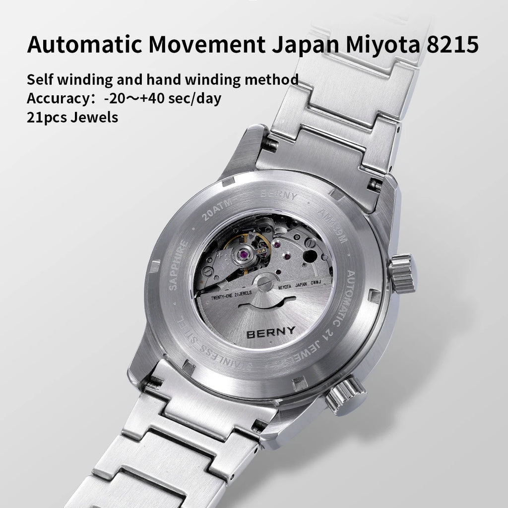 BERNY Automatic Diving Watches for Men 20ATM Super Luminous Mechanical Men's Diver Watch Sapphire Full Stainless Steel Dive