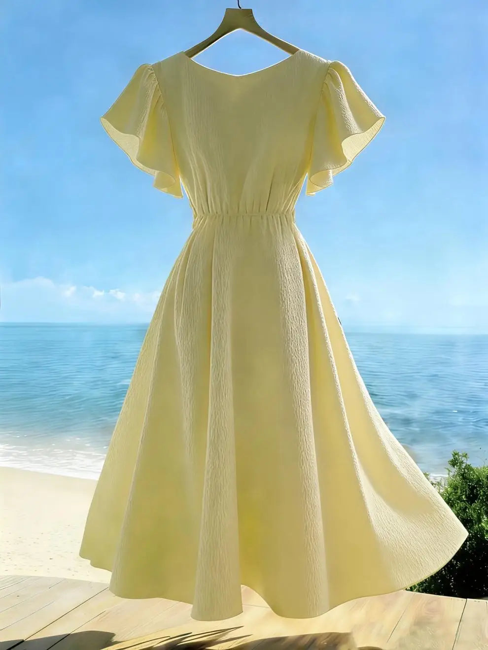 Women's New Summer French Elegant Casual Solid Color Ruffle V-neck A-line Long Dress Dresses For Women Clothing Lace Bandage