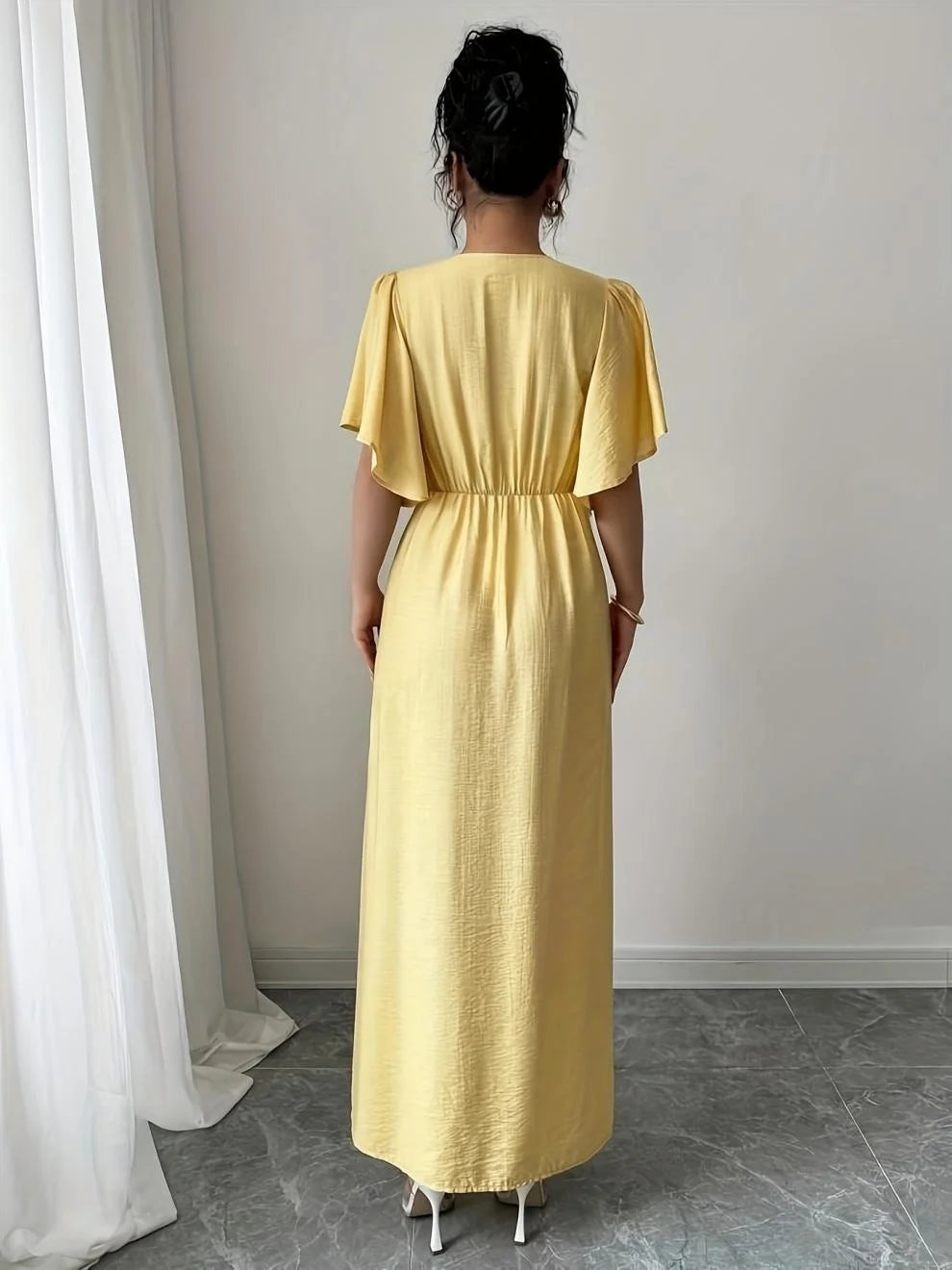 Chic Short Sleeved V Neck Yellow Split Dress Women Casual Single Breasted Buckle Slim Midi Dresses Summer Lady Highstreet Robes
