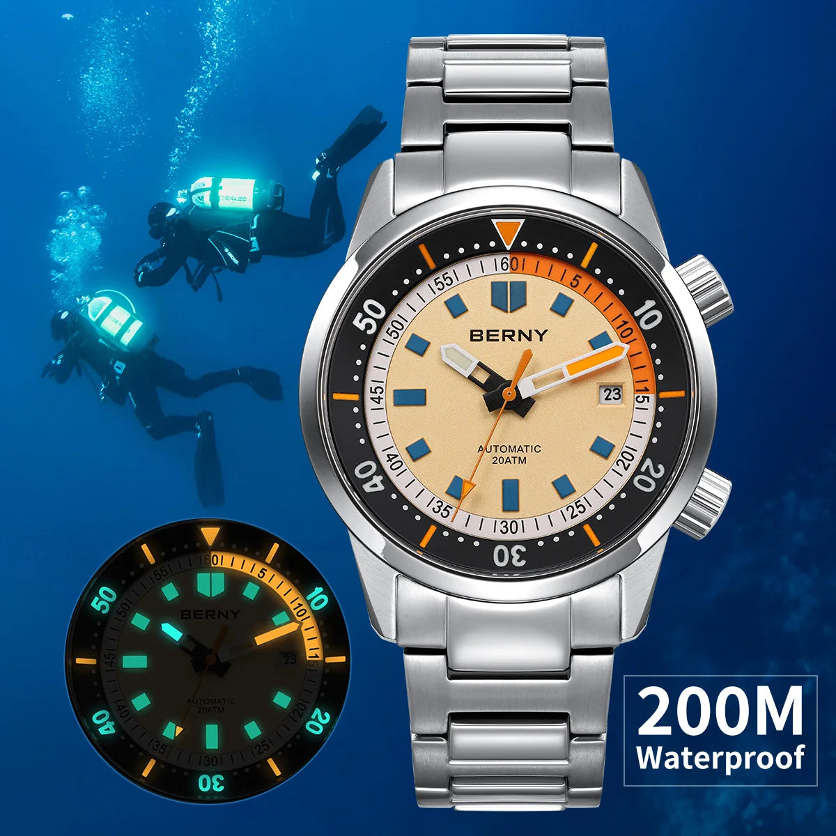 BERNY Automatic Diving Watches for Men 20ATM Super Luminous Mechanical Men's Diver Watch Sapphire Full Stainless Steel Dive