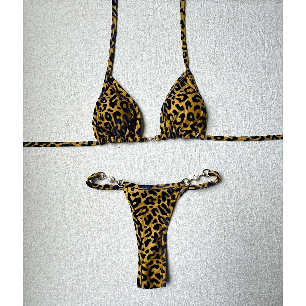 S - XL Leopard Halter Mini Micro Thong Bikini Women Swimwear Female Swimsuit Two-piece Bikini set Bather Bathing Suit Swim K5207