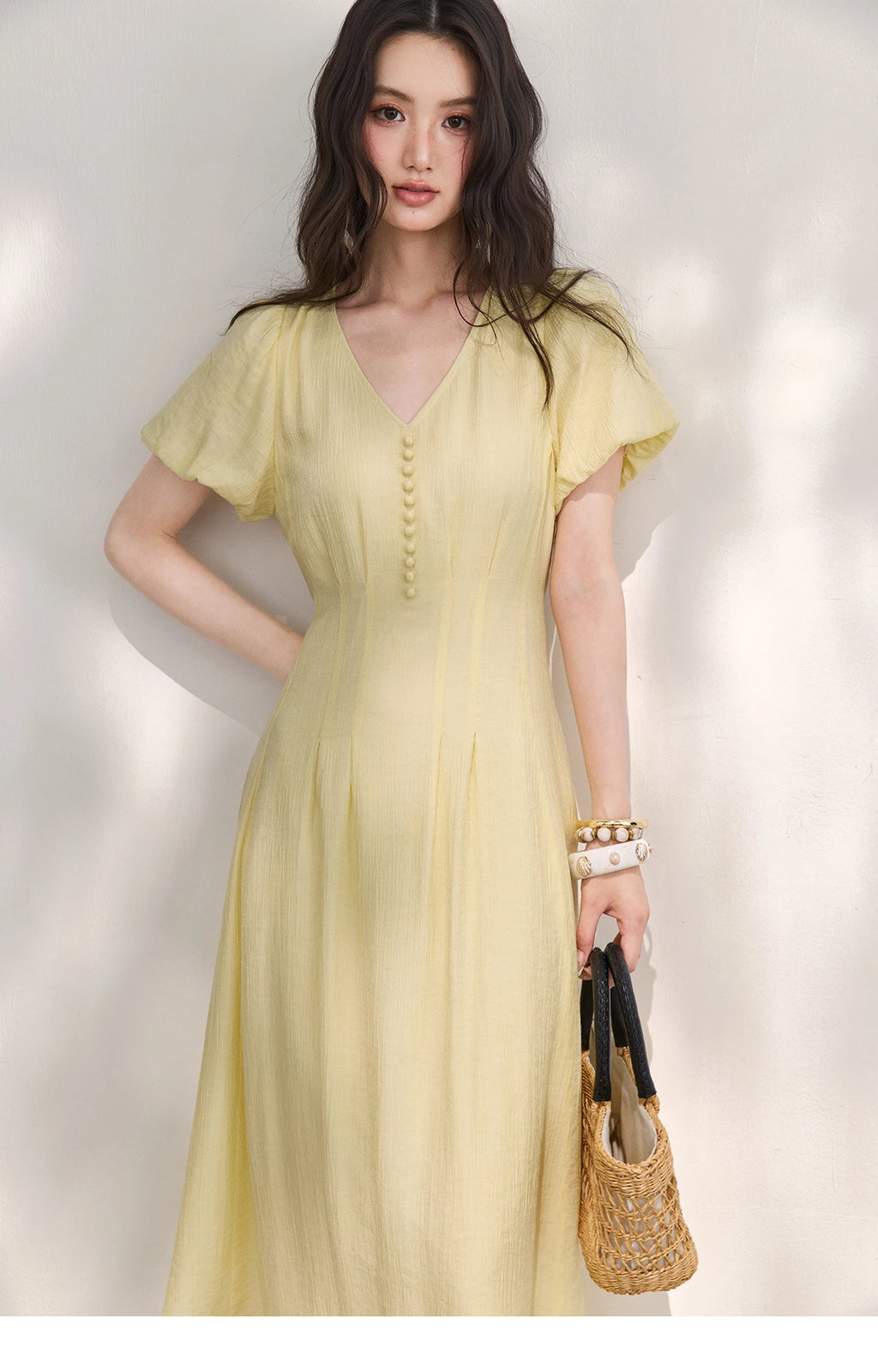 MISHOW Women's French V Neck Puff Sleeve Midi Dress 2026 Summer Button Detail Waist Slim Yellow Elegant Long Dress MXF29L2782