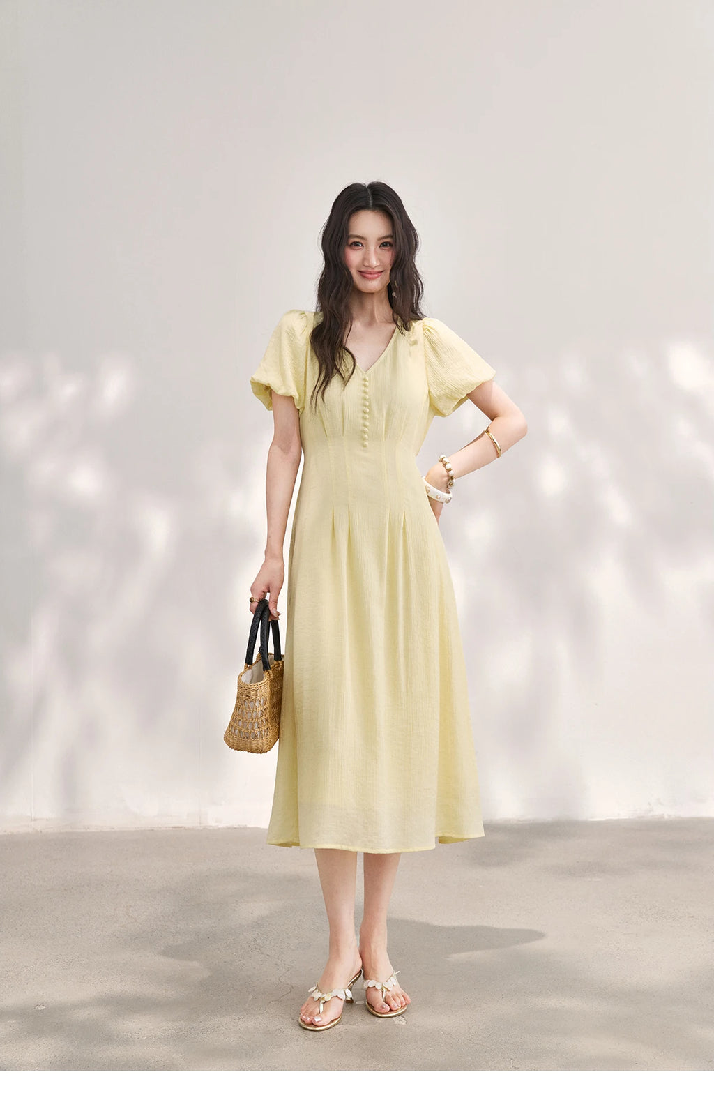 MISHOW Women's French V Neck Puff Sleeve Midi Dress 2026 Summer Button Detail Waist Slim Yellow Elegant Long Dress MXF29L2782