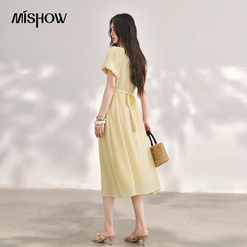 MISHOW Women's French V Neck Puff Sleeve Midi Dress 2026 Summer Button Detail Waist Slim Yellow Elegant Long Dress MXF29L2782