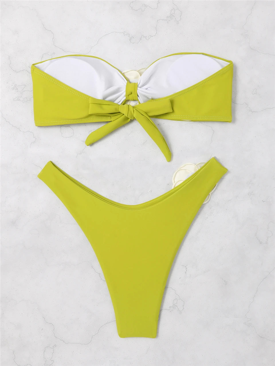 Bandeau Bikini Front 3D Flower Flower Decoration Swimwear Women High Waist Solid Swimsuit Elegant Beachwear Bathing Suit Summer