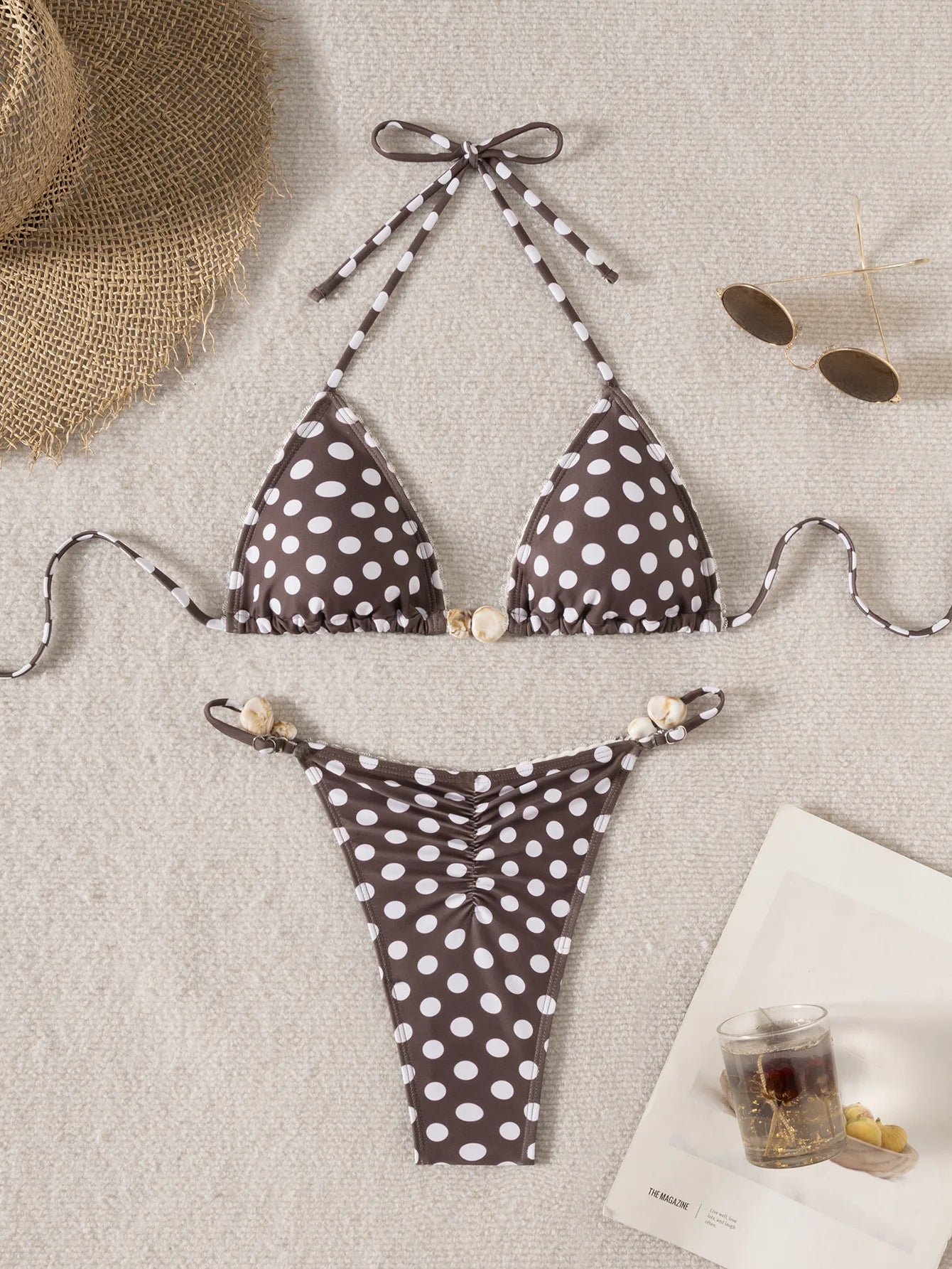 2026 Floral Print Bikini Set with Dainty Pendant Sweet Triangle Top Adjustable Ties Two Piece Swimsuit Vacation Swimwear