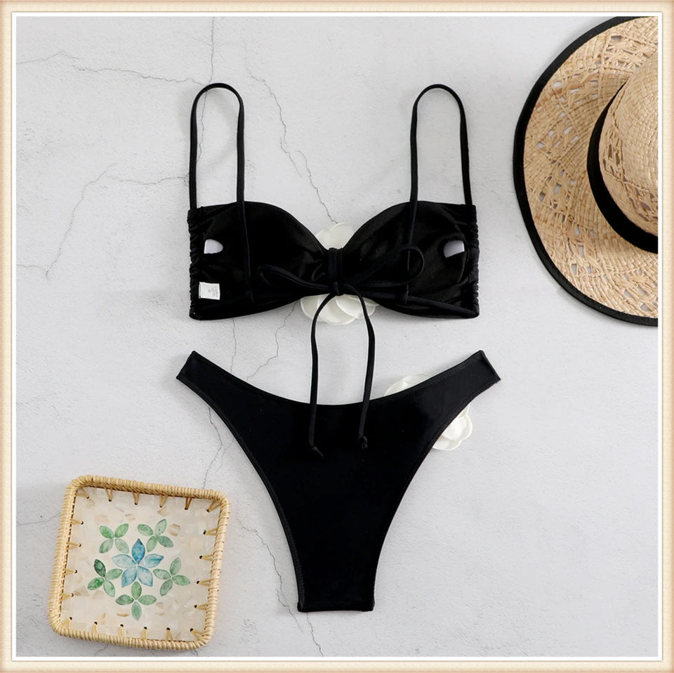 Bandeau Bikini Front 3D Flower Flower Decoration Swimwear Women High Waist Solid Swimsuit Elegant Beachwear Bathing Suit Summer