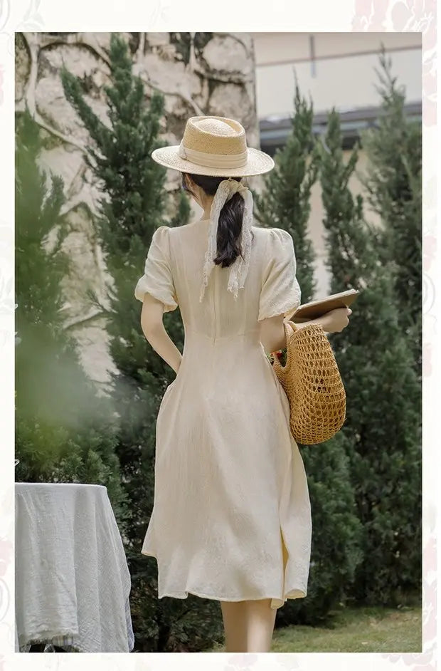 Summer 2026 New Gentle Style Yellow Cotton Blend Bubble Sleeve Dress High Waist A-Line Skirt V-Neck Single Button Closure Dress