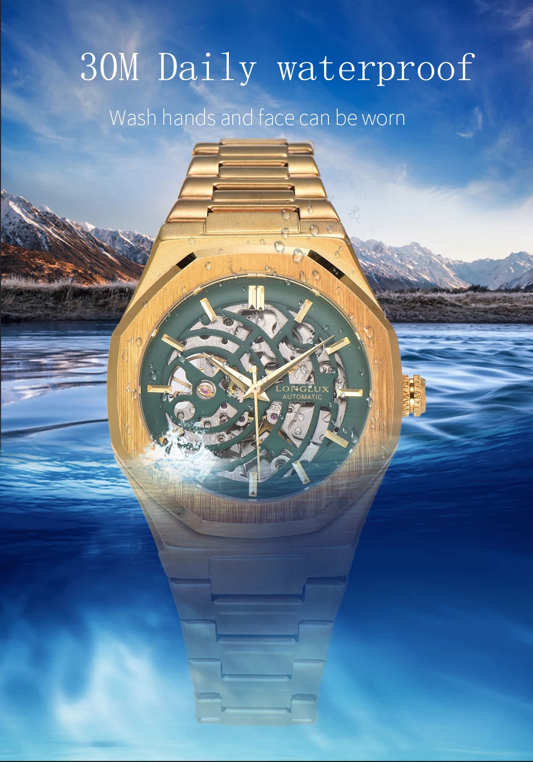 LONGLUX automatic watch business mechanical watches skeleton waterproof luminous stainless steel mens watch office worker gift