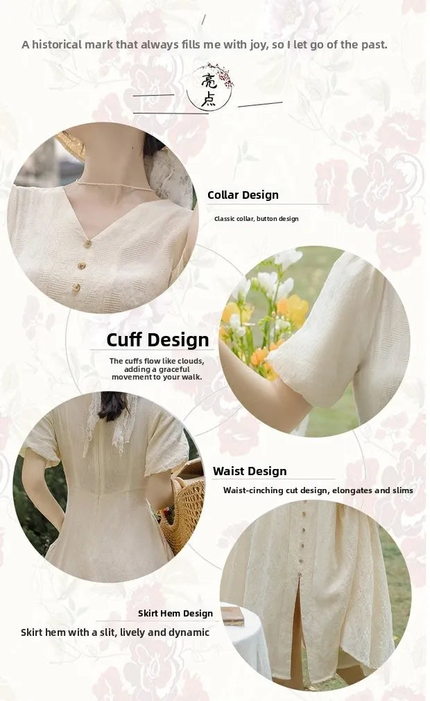 Summer 2026 New Gentle Style Yellow Cotton Blend Bubble Sleeve Dress High Waist A-Line Skirt V-Neck Single Button Closure Dress
