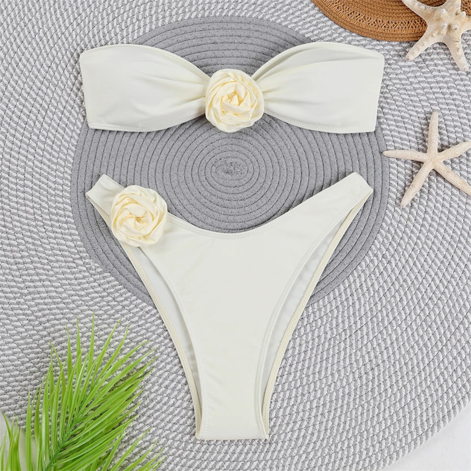 Bandeau Bikini Front 3D Flower Flower Decoration Swimwear Women High Waist Solid Swimsuit Elegant Beachwear Bathing Suit Summer