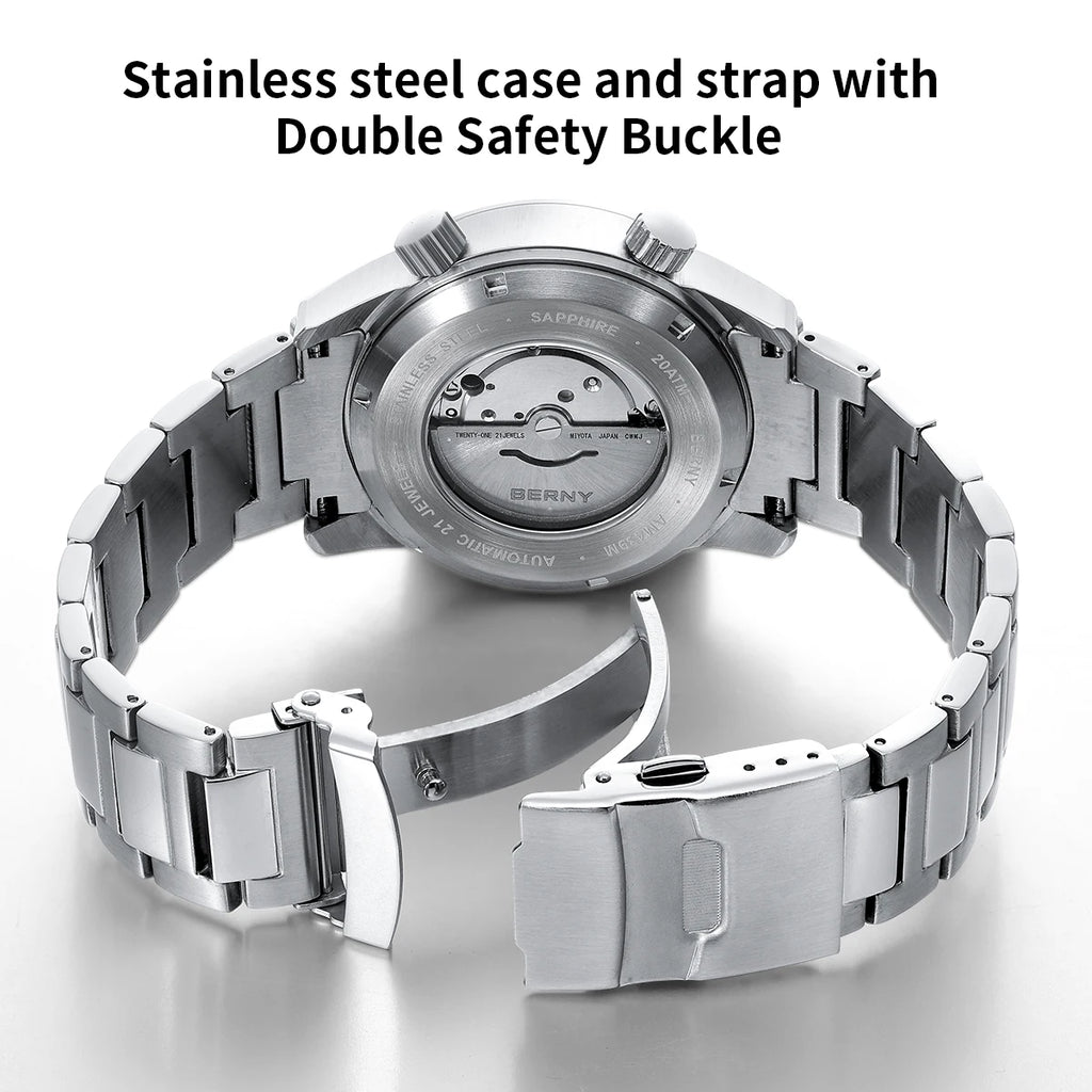 BERNY Automatic Diving Watches for Men 20ATM Super Luminous Mechanical Men's Diver Watch Sapphire Full Stainless Steel Dive