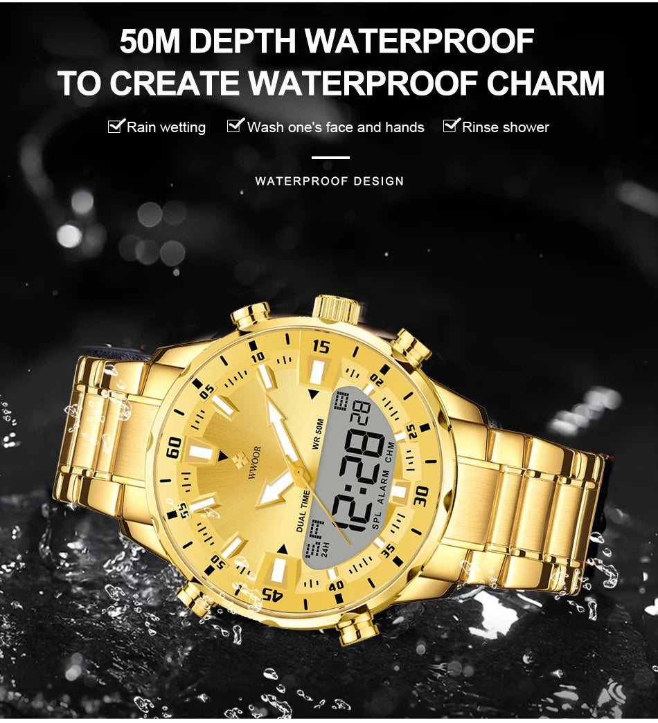 WWOOR Luxury Watches For Men Military Chronograph Digital Quartz Man's Wristwatch Waterproof Stainless Steel Luminous Male Clock