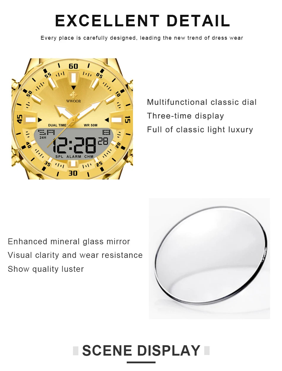 WWOOR Luxury Watches For Men Military Chronograph Digital Quartz Man's Wristwatch Waterproof Stainless Steel Luminous Male Clock