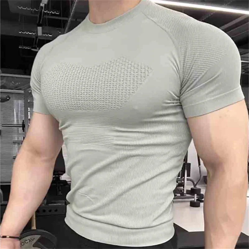 Summer Men Compression Gym Running T Shirt Breathable Short Sleeve T-Shirt Man Casual Tops Seamless Fitness Shirts Man Clothes