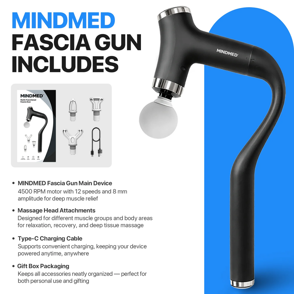 MINDMED Long Handle Detachable Massage Gun Deep Tissue Muscle Gun for Back Neck Shoulder Body Recovery with 12 Speed & 4 Heads