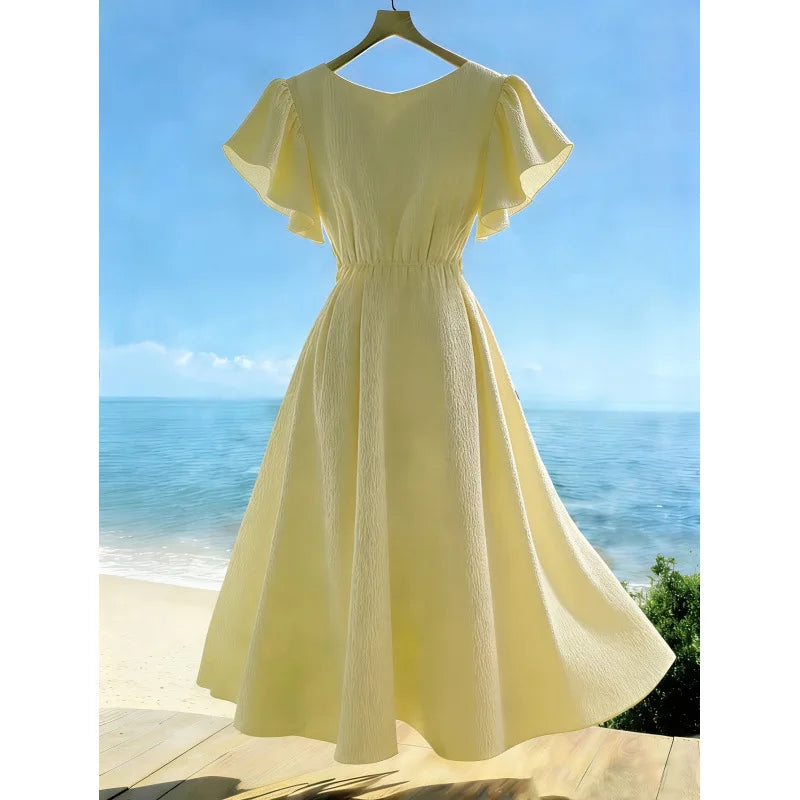 Women's New Summer French Elegant Casual Solid Color Ruffle V-neck A-line Long Dress Dresses For Women Clothing Lace Bandage