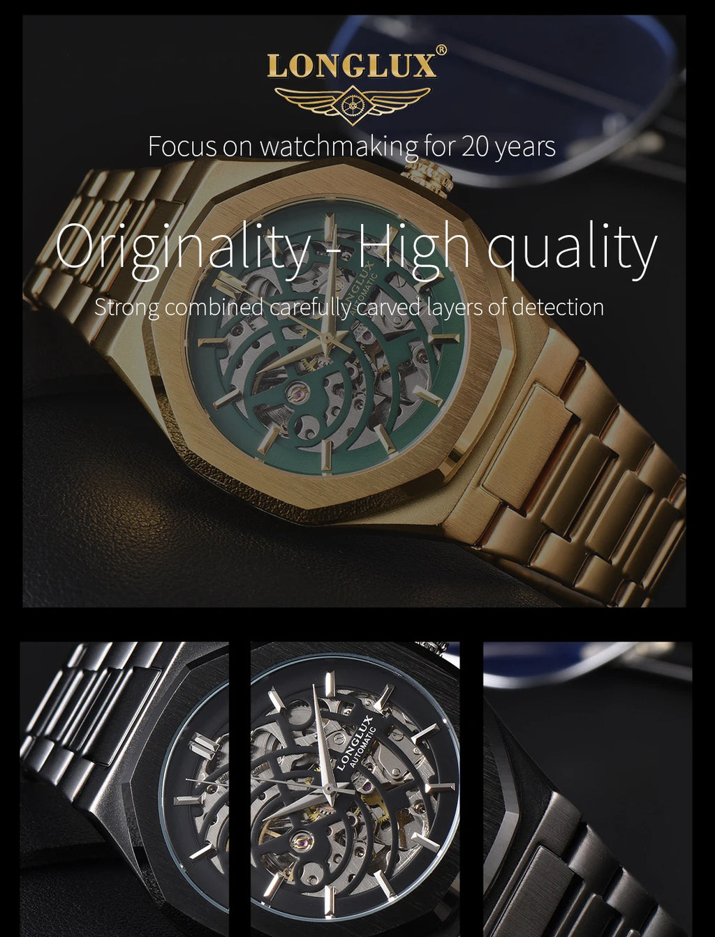 LONGLUX automatic watch business mechanical watches skeleton waterproof luminous stainless steel mens watch office worker gift