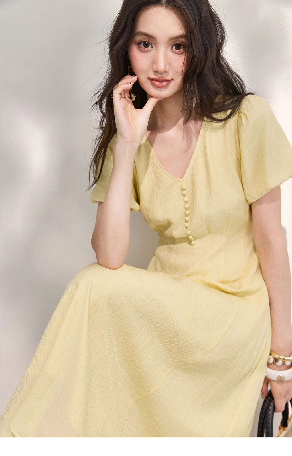 MISHOW Women's French V Neck Puff Sleeve Midi Dress 2026 Summer Button Detail Waist Slim Yellow Elegant Long Dress MXF29L2782