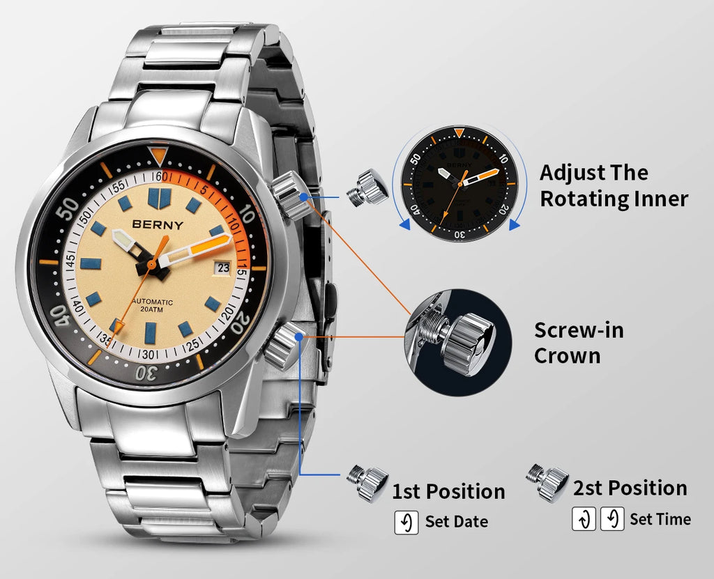 BERNY Automatic Diving Watches for Men 20ATM Super Luminous Mechanical Men's Diver Watch Sapphire Full Stainless Steel Dive
