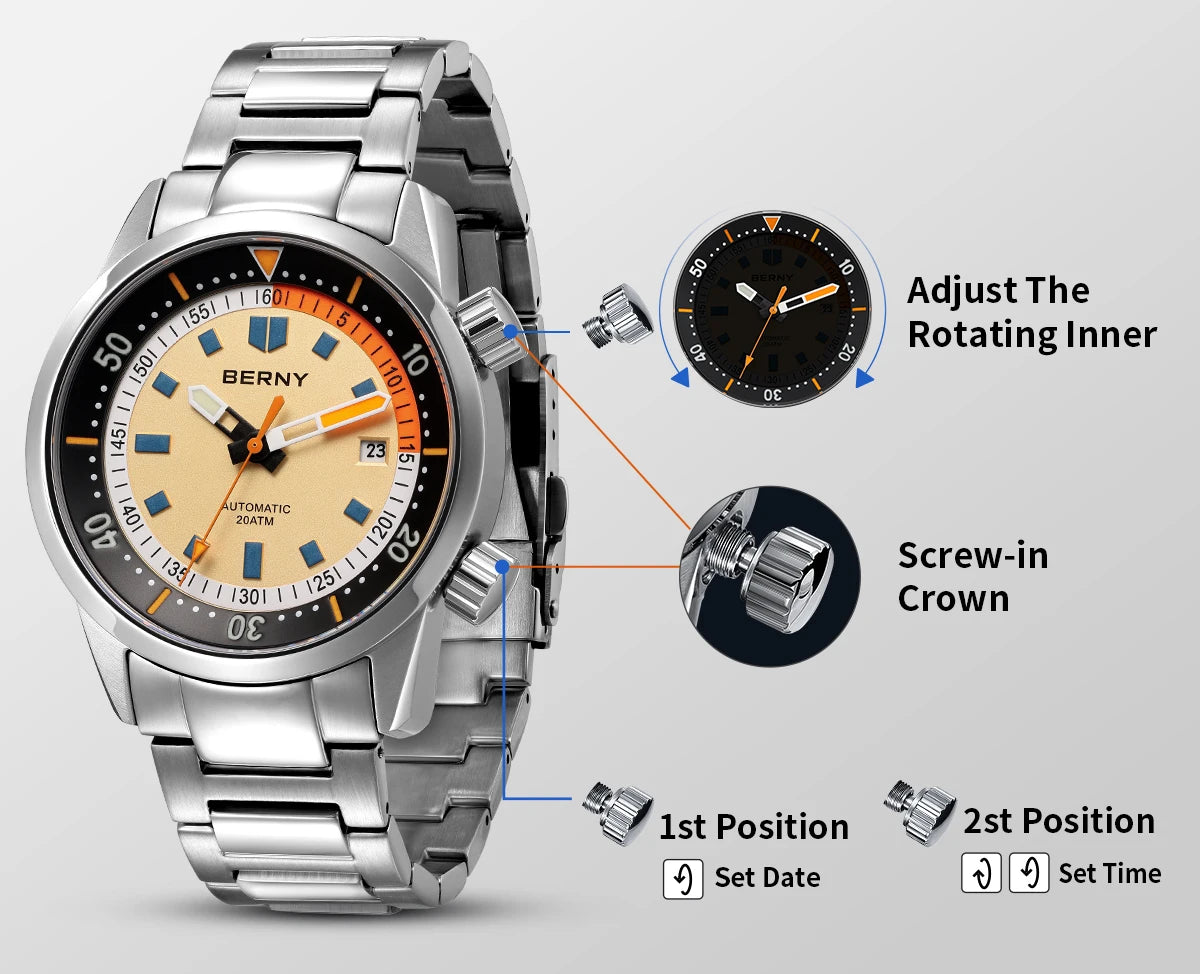 BERNY Automatic Diving Watches for Men 20ATM Super Luminous Mechanical Men's Diver Watch Sapphire Full Stainless Steel Dive