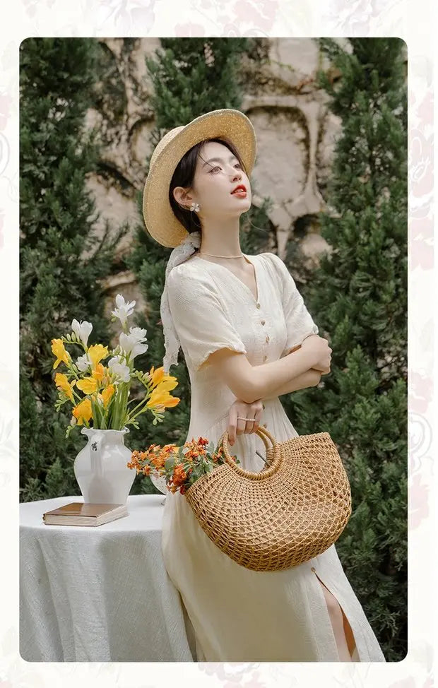 Summer 2026 New Gentle Style Yellow Cotton Blend Bubble Sleeve Dress High Waist A-Line Skirt V-Neck Single Button Closure Dress