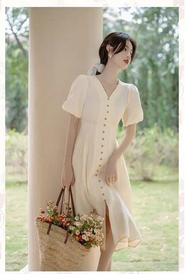 Summer 2026 New Gentle Style Yellow Cotton Blend Bubble Sleeve Dress High Waist A-Line Skirt V-Neck Single Button Closure Dress