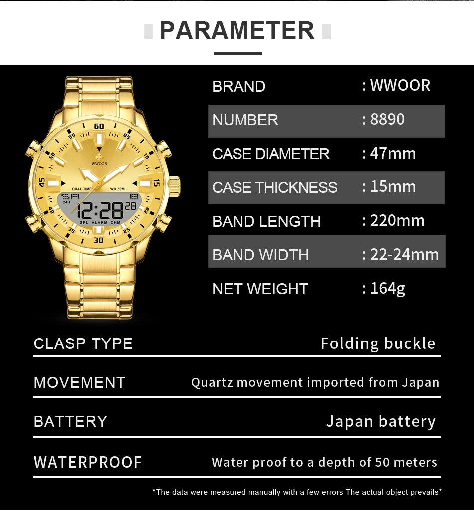 WWOOR Luxury Watches For Men Military Chronograph Digital Quartz Man's Wristwatch Waterproof Stainless Steel Luminous Male Clock