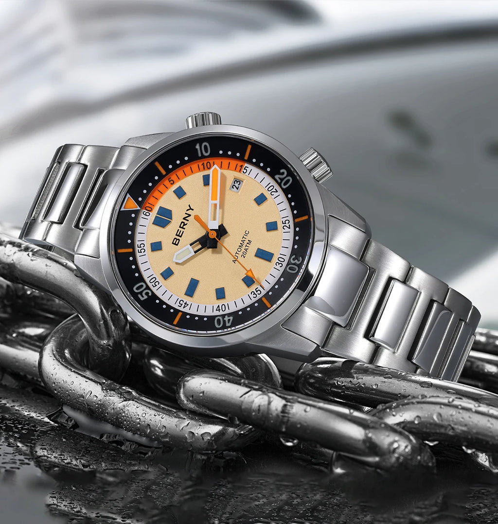 BERNY Automatic Diving Watches for Men 20ATM Super Luminous Mechanical Men's Diver Watch Sapphire Full Stainless Steel Dive