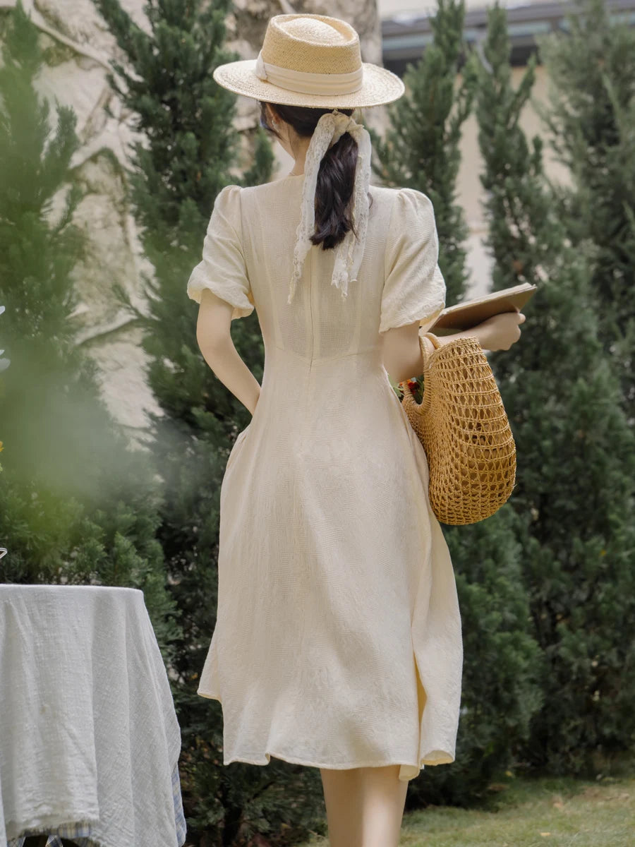 Summer 2026 New Gentle Style Yellow Cotton Blend Bubble Sleeve Dress High Waist A-Line Skirt V-Neck Single Button Closure Dress